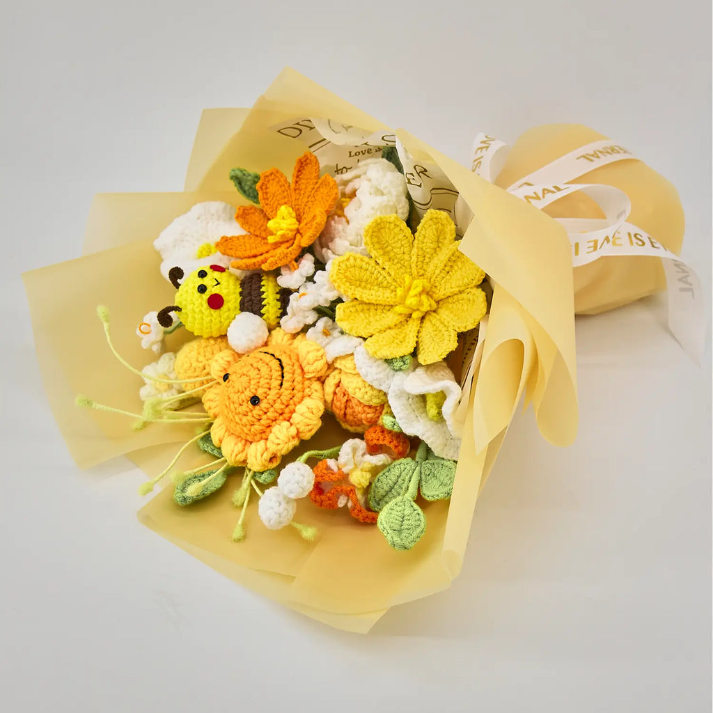 Crochet Sunflower & Bee Bouquet with Yellow Wrapping