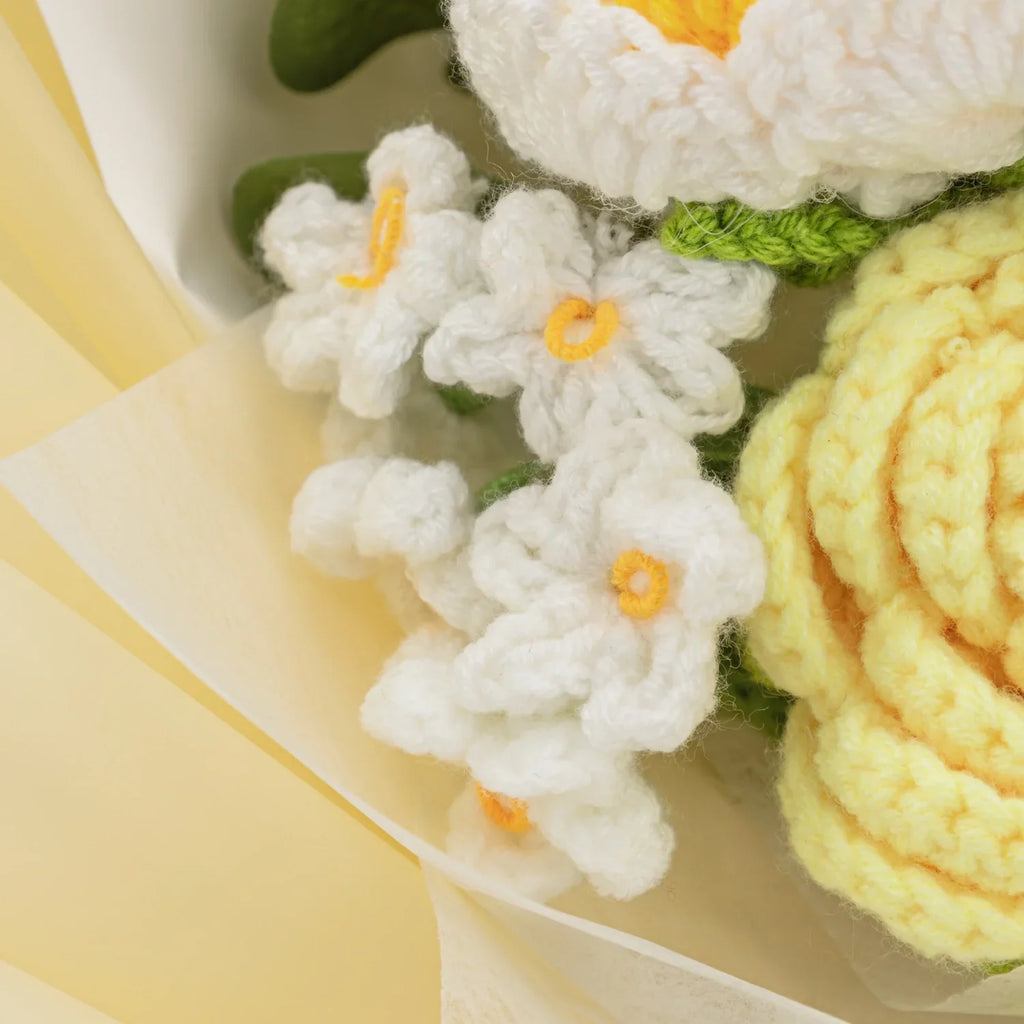 Crochet Yellow Rose Forget-Me-Not Bouquet