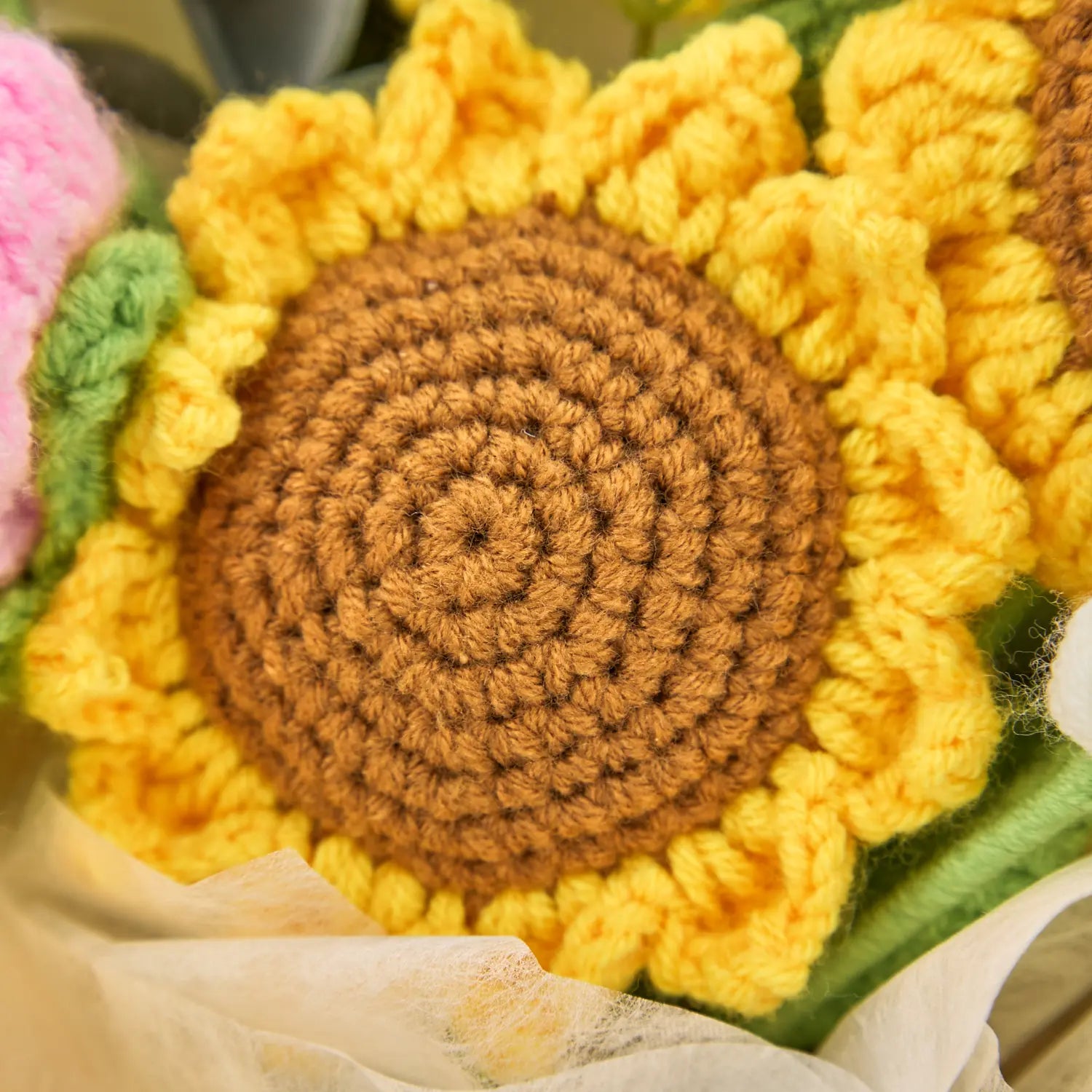 Crochet Sunflower Rose Tulip Bouquet with Yellow Wrapping