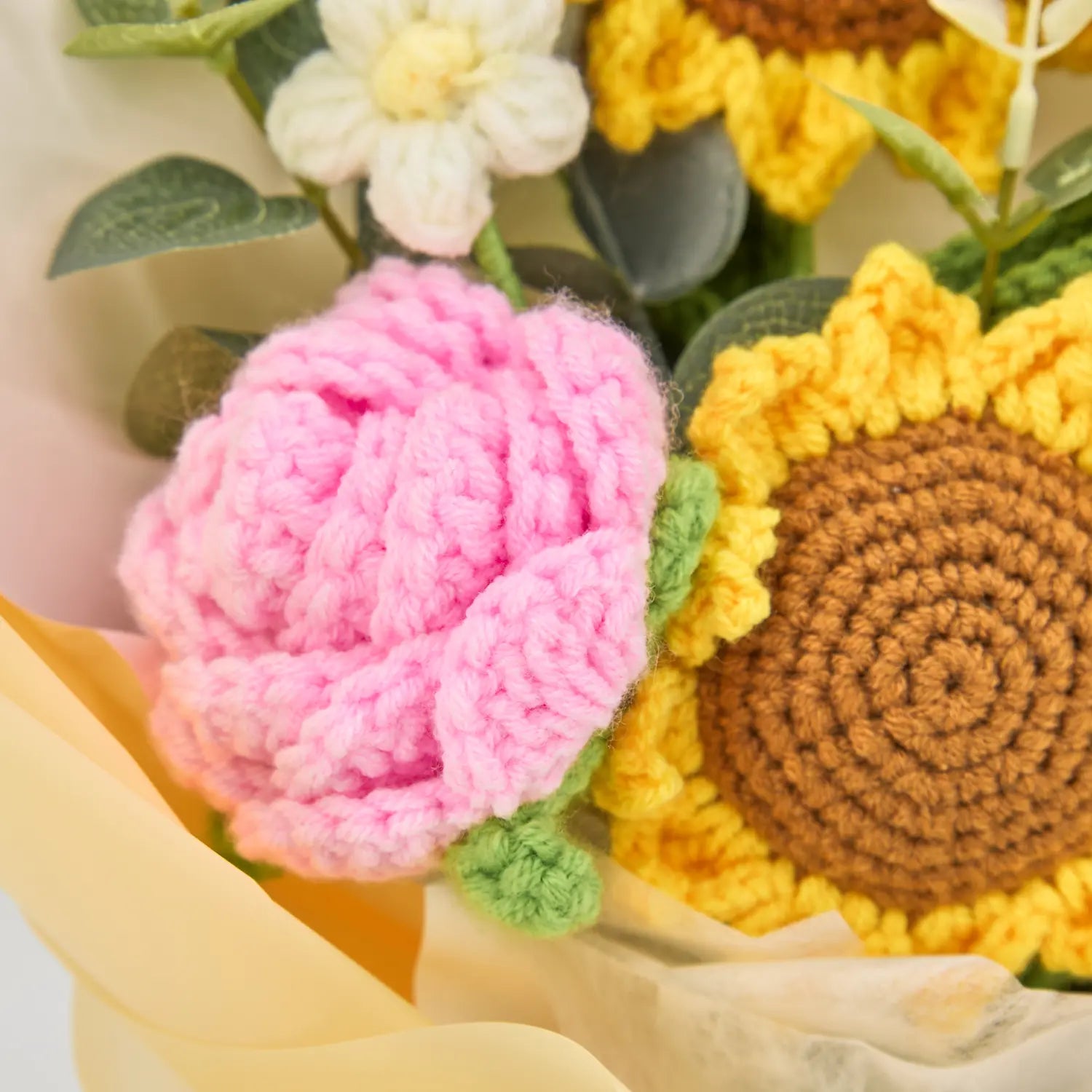 Crochet Sunflower Rose Tulip Bouquet with Yellow Wrapping